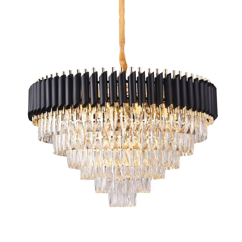 Round indoor luxury pendant light black gold LED hanging lights home modern crystal chandelier